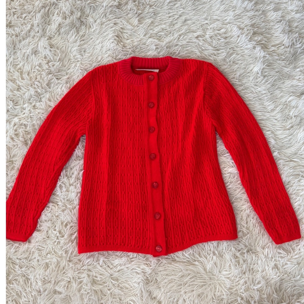 Vintage May Knit‎ Red Acrylic Cardigan Sweater Girls Kids Cute Retro
